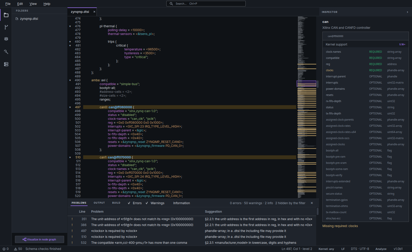 DTstudio editor: a device tree source with the problems list below and the node inspector on the right showing the properties a CAN controller requires.