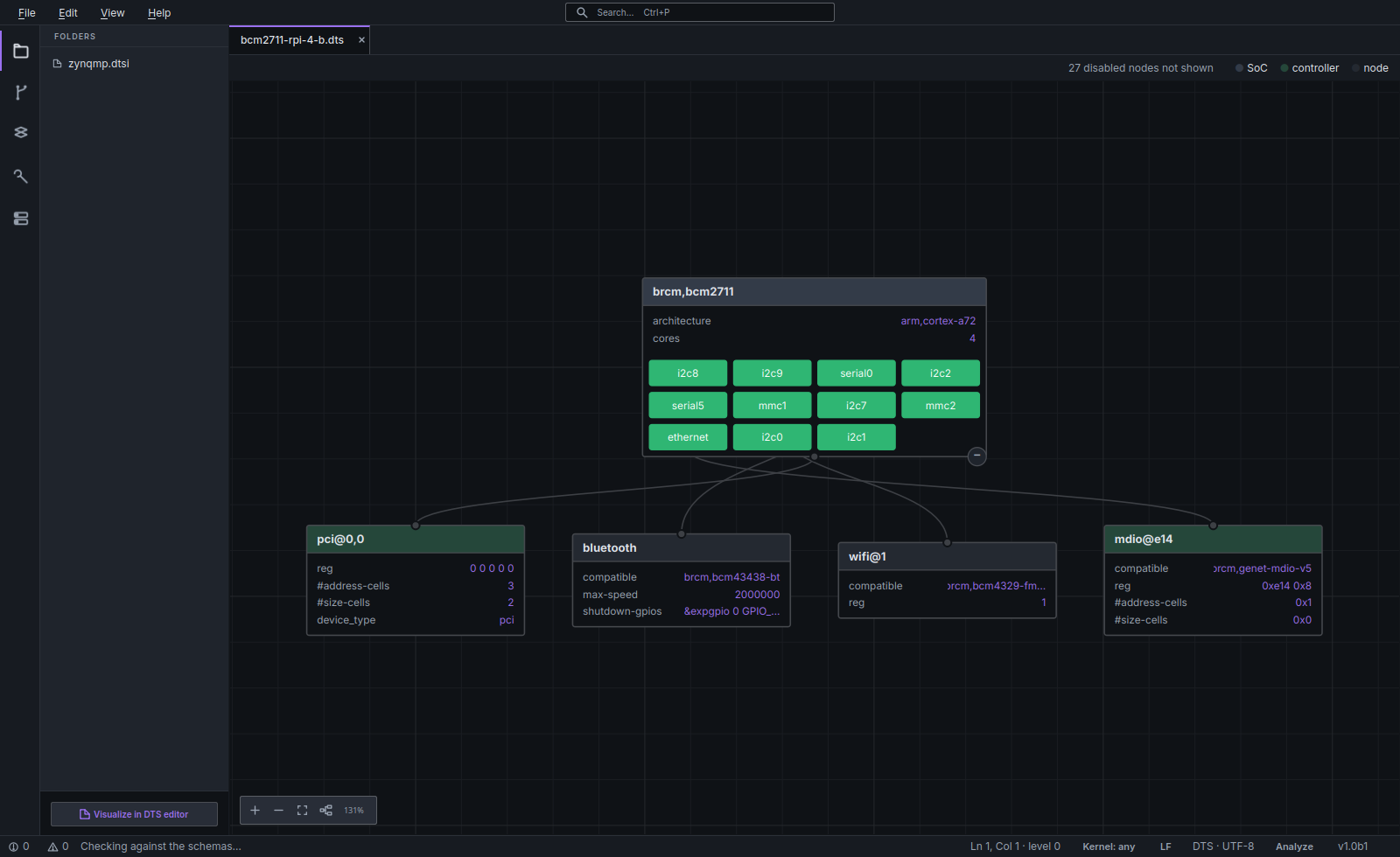 Node graph view: the BCM2711 SoC card with its controllers, connected to PCI, Bluetooth, Wi-Fi and MDIO nodes.